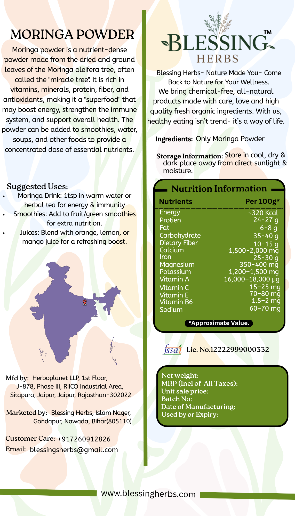 blessing herbs organic moringa powder – 100% natural superfood, 100g blessing herbs organic moringa powder – 100% natural superfood, 100g
